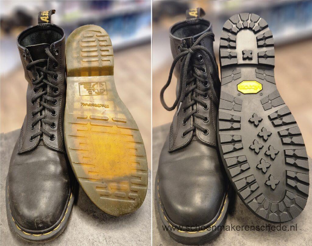 Dr. Martens repareren, verzolen (nieuwe zolen) met Vibram zolen, voor en na foto.