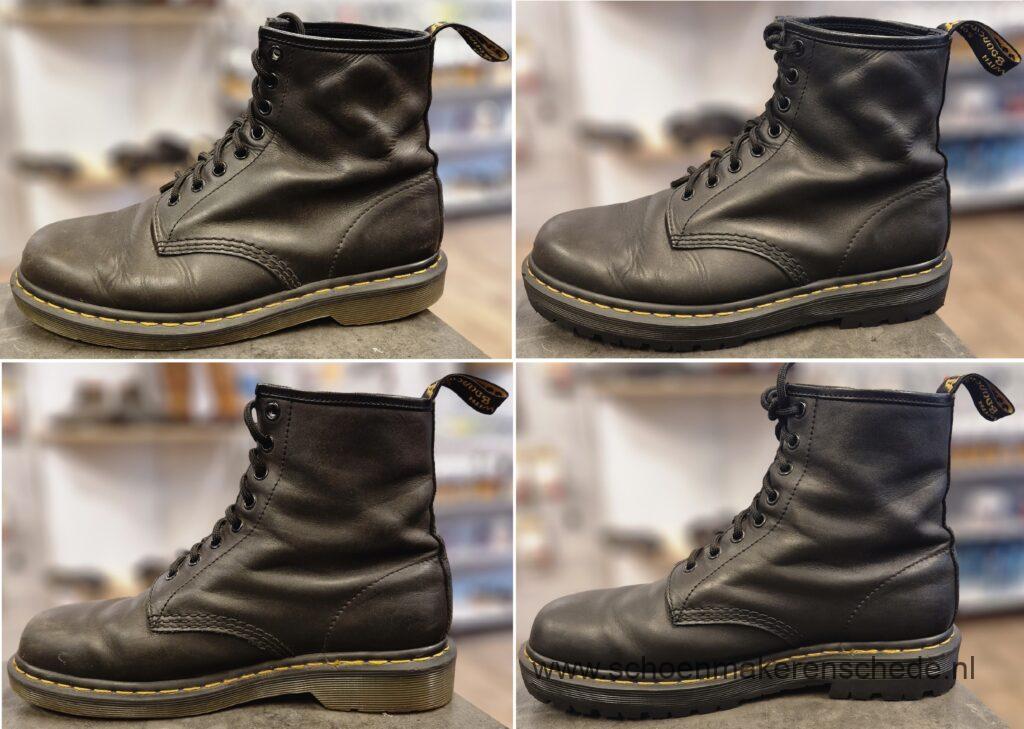 Dr. Martens nieuwe zolen voor en na foto met profielzolen van Vibram.